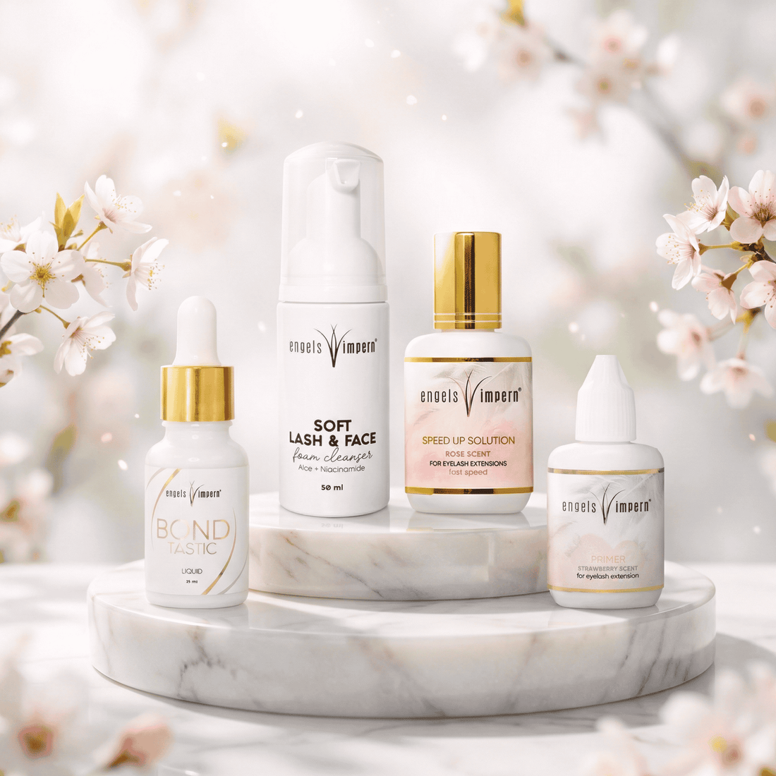 EngelsWimpern Flüssigkeiten für Wimpernverlängerung: Bondtastic Bonder, Soft Lash & Face Wimpernshampoo, Speed Up Kleberbeschleuniger und Primer