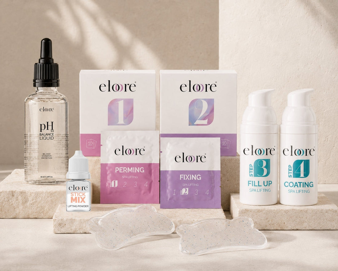 eloore Cysteamine Lash & Brow Lifting System Step 1 Perming, Step 2 Fixing, Step 3 Fill Up und Step 4 Coating pflegeorientiertes Lifting