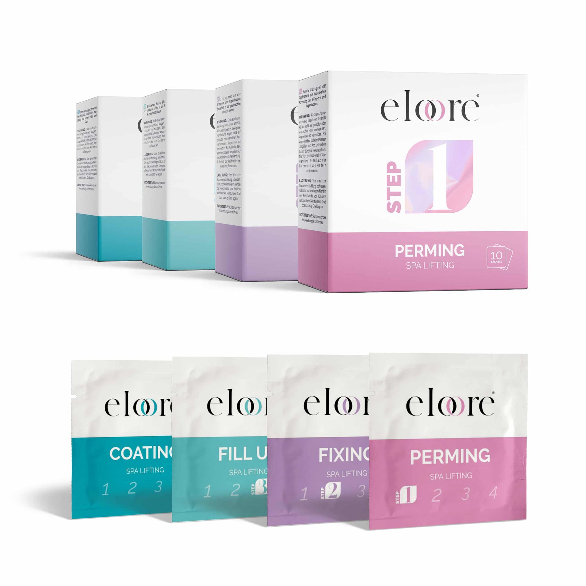eloore® Cysteamine Lifting Set - Seitliche Ansicht der Verpackungen und Sachets