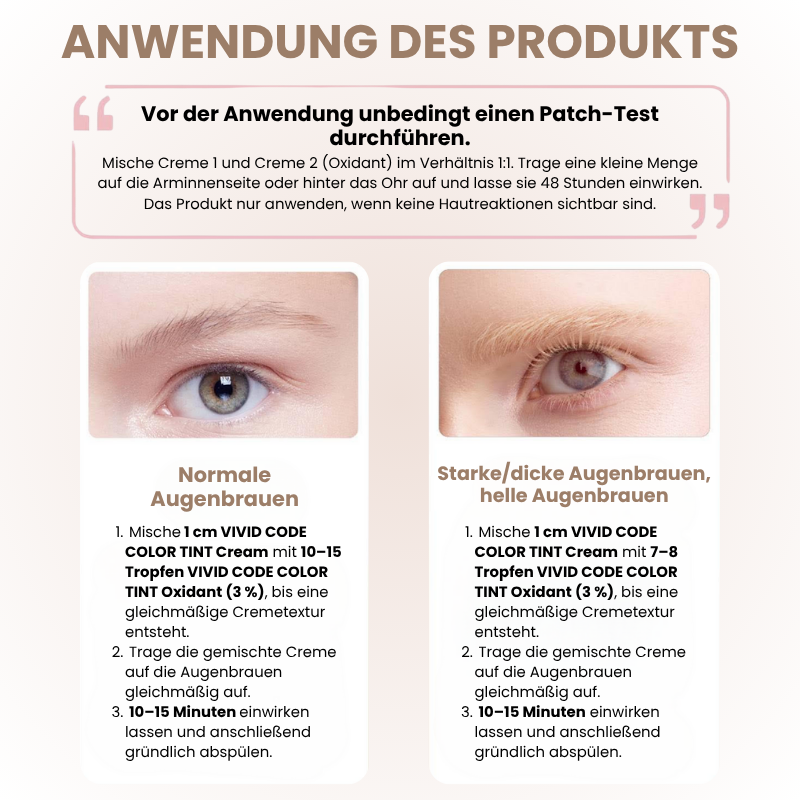 Anwendung der Vivid Code Augenbrauenfarbe – Schritt-für-Schritt Anleitung für normale, starke oder helle Augenbrauen mit Mischverhältnis und Einwirkzeit