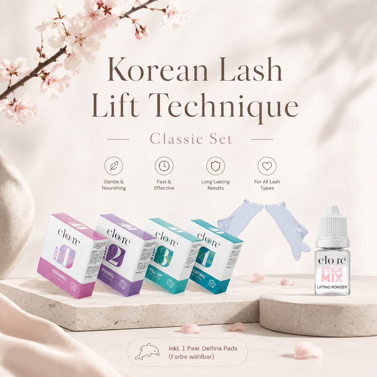 Korean Lash Lifting Classic Set von eloore® mit Delfina Silikonpads, Lash Lifting Lotionen und Stick Mix Powder