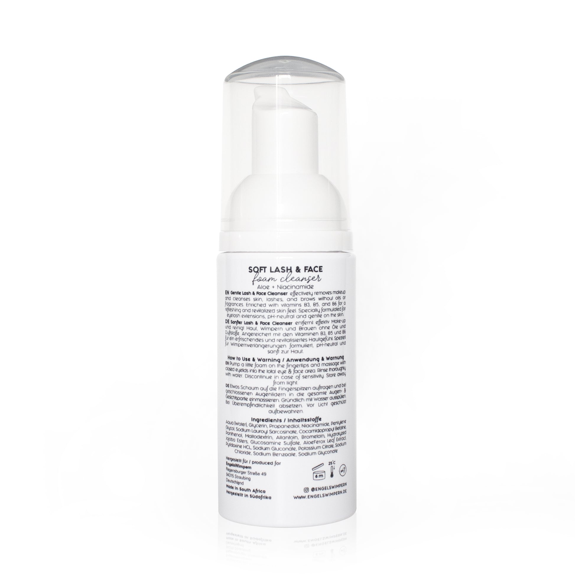 Rückseite des Wimpernshampoos EngelsWimpern Soft Lash & Face Foam Cleanser – 50 ml mit Anwendungshinweisen und Inhaltsstoffen.