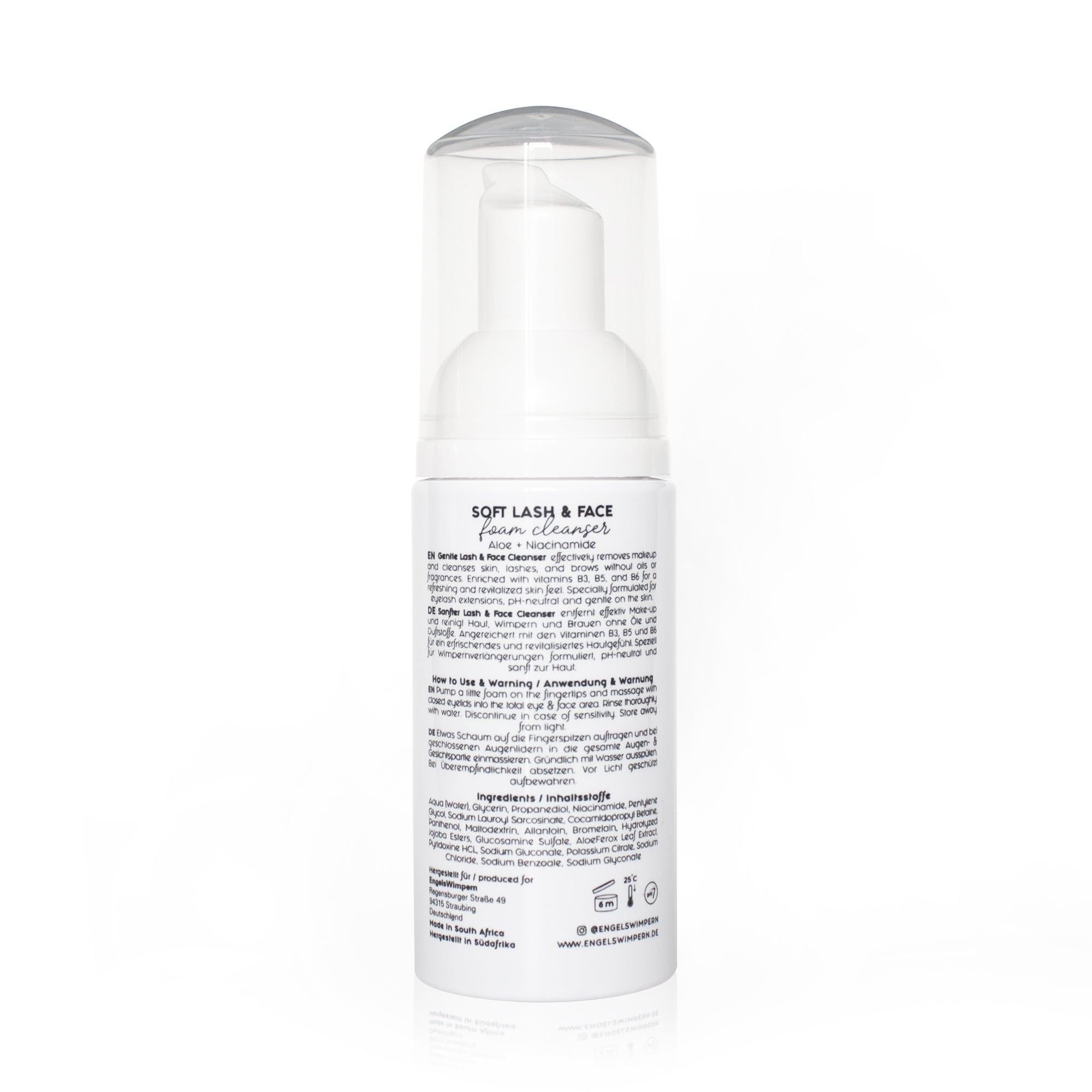 Rückseite des Wimpernshampoos EngelsWimpern Soft Lash & Face Foam Cleanser – 50 ml mit Anwendungshinweisen und Inhaltsstoffen.