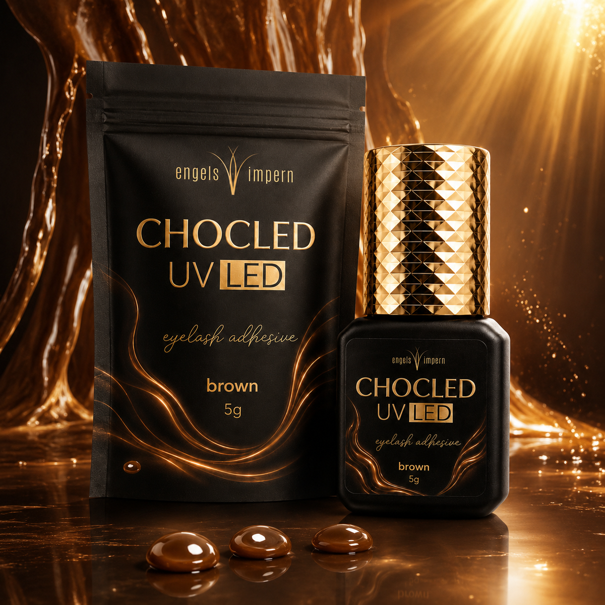 EngelsWimpern CHOCLED brauner UV LED Wimpernkleber 5 g mit schwarzer Verpackung vor dunklem Schokoladen-Hintergrund