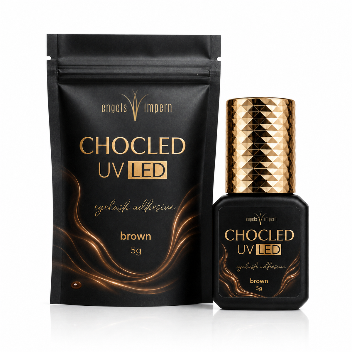 EngelsWimpern CHOCLED UV LED Wimpernkleber braun 5 g mit schwarzem Beutel und goldener Verschlusskappe