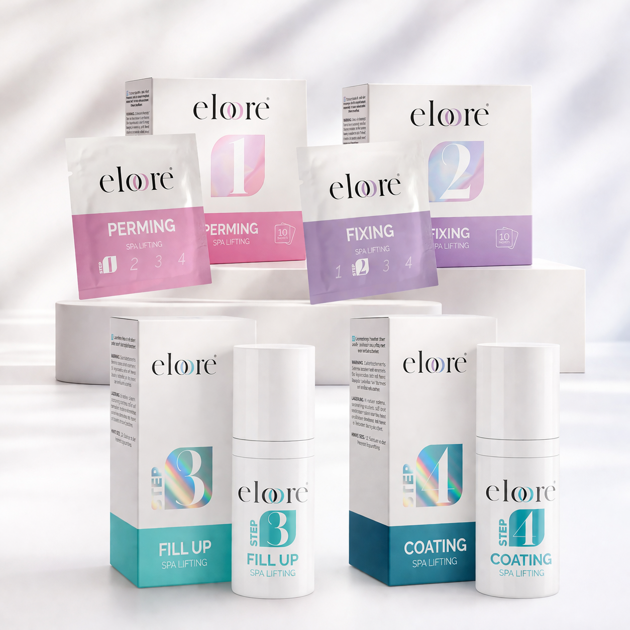 eloore Cysteamine Lash & Brow Lifting Set Classic mit Steps 1 bis 4 – Sachets für Perming und Fixing sowie Airless-System für Fill Up und Coating