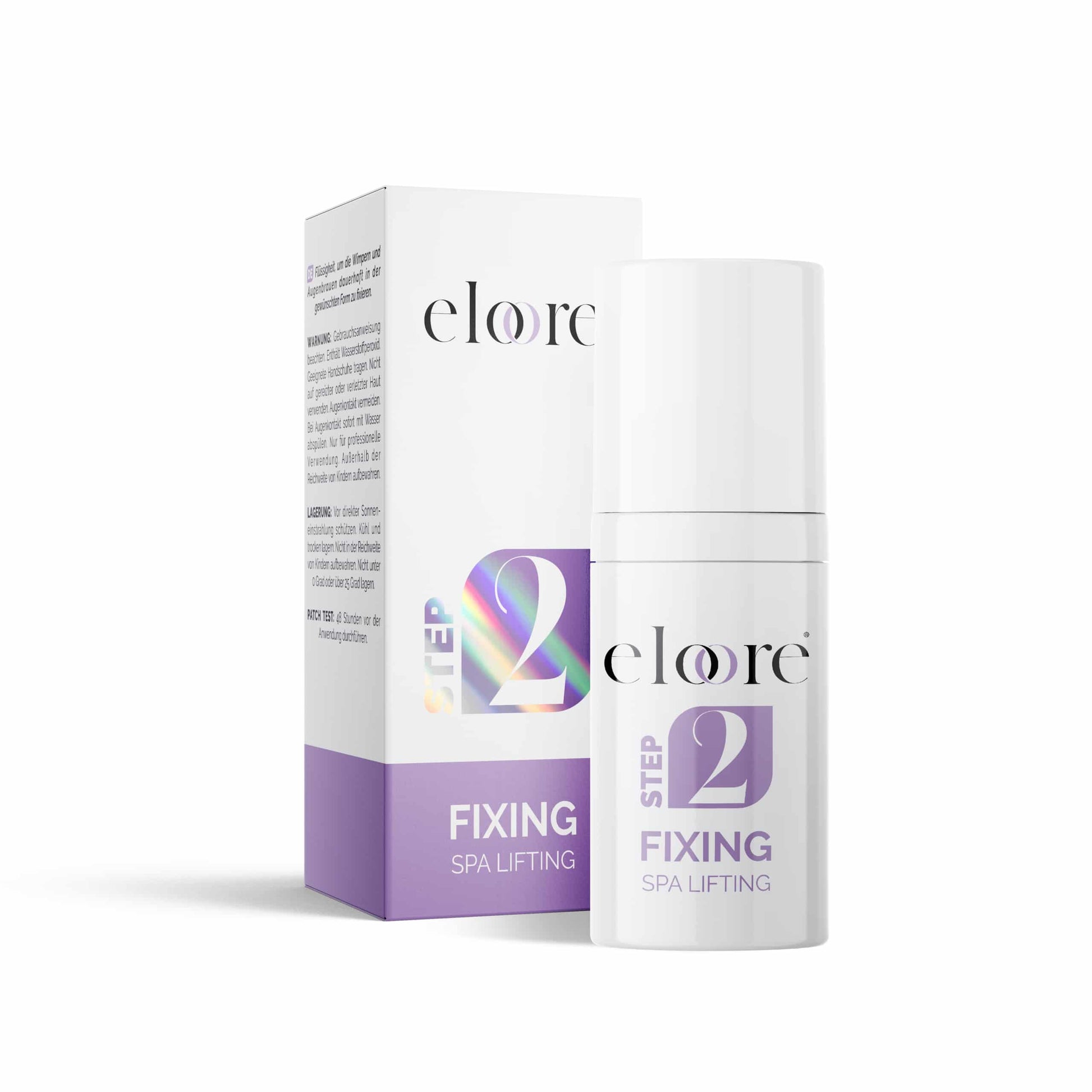 Bromatfreie eloore® FIXING LOTION 10ml in minimalistischem Design mit lila Akzenten für das Cysteamine Lifting System.