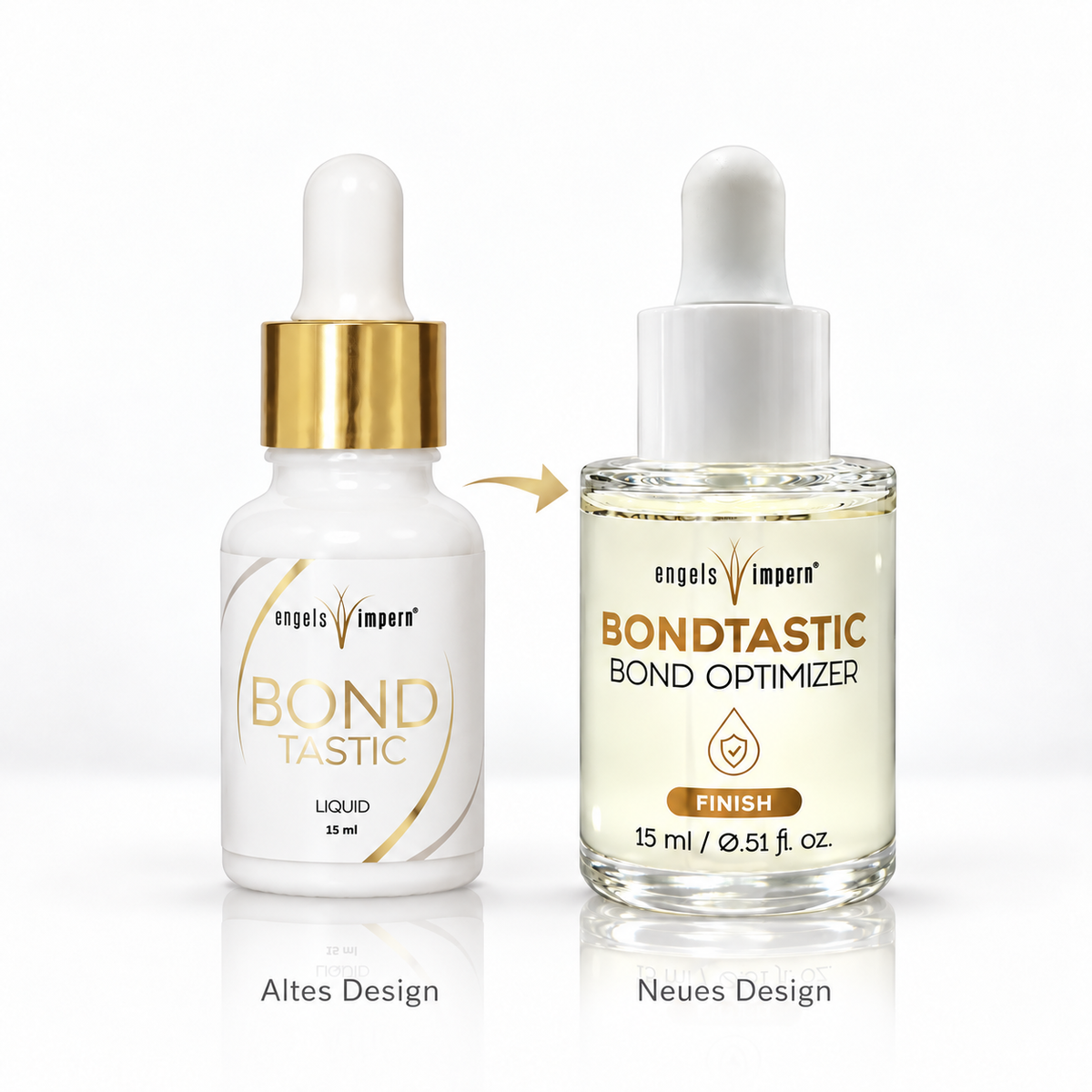 BONDTASTIC im Verpackungsvergleich: links die alte weiße Flasche mit goldener Kappe, rechts die neue Glasflasche mit weißer Pipettenkappe, verbunden durch einen Pfeil.