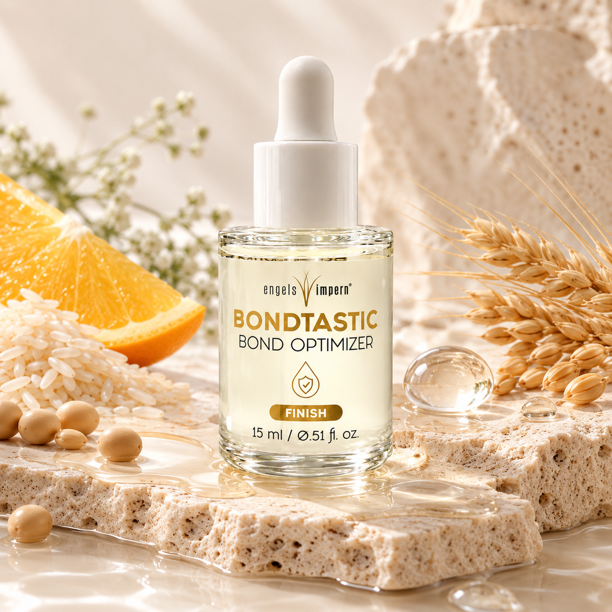 BONDTASTIC 4in1 Superbonder von EngelsWimpern, 15 ml, auf hellem Naturstein mit Orangenspalten, Sojabohnen, Reis und Weizenähren.