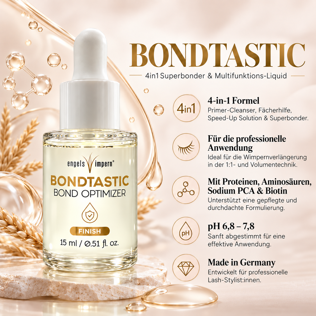 Infografik zu EngelsWimpern BONDTASTIC 4in1 mit Produktflasche und den Anwendungen als Primer-Cleanser, Fächerhilfe, Kleberbeschleuniger und Superbonder.