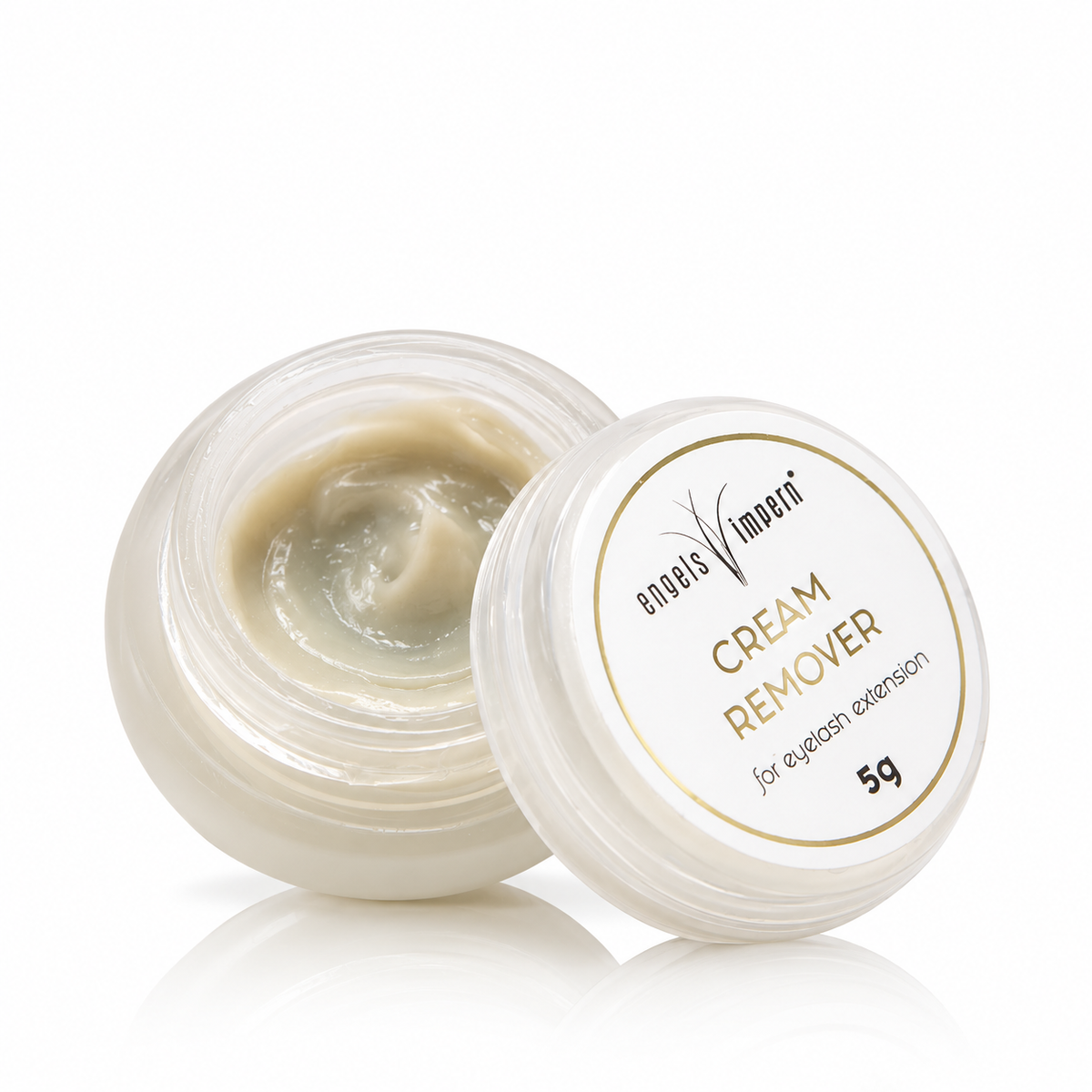 EngelsWimpern Cream Remover, 5 g, im geöffneten Tiegel mit sichtbarer Cremetextur und daneben angelehntem Deckel vor weißem Hintergrund.
