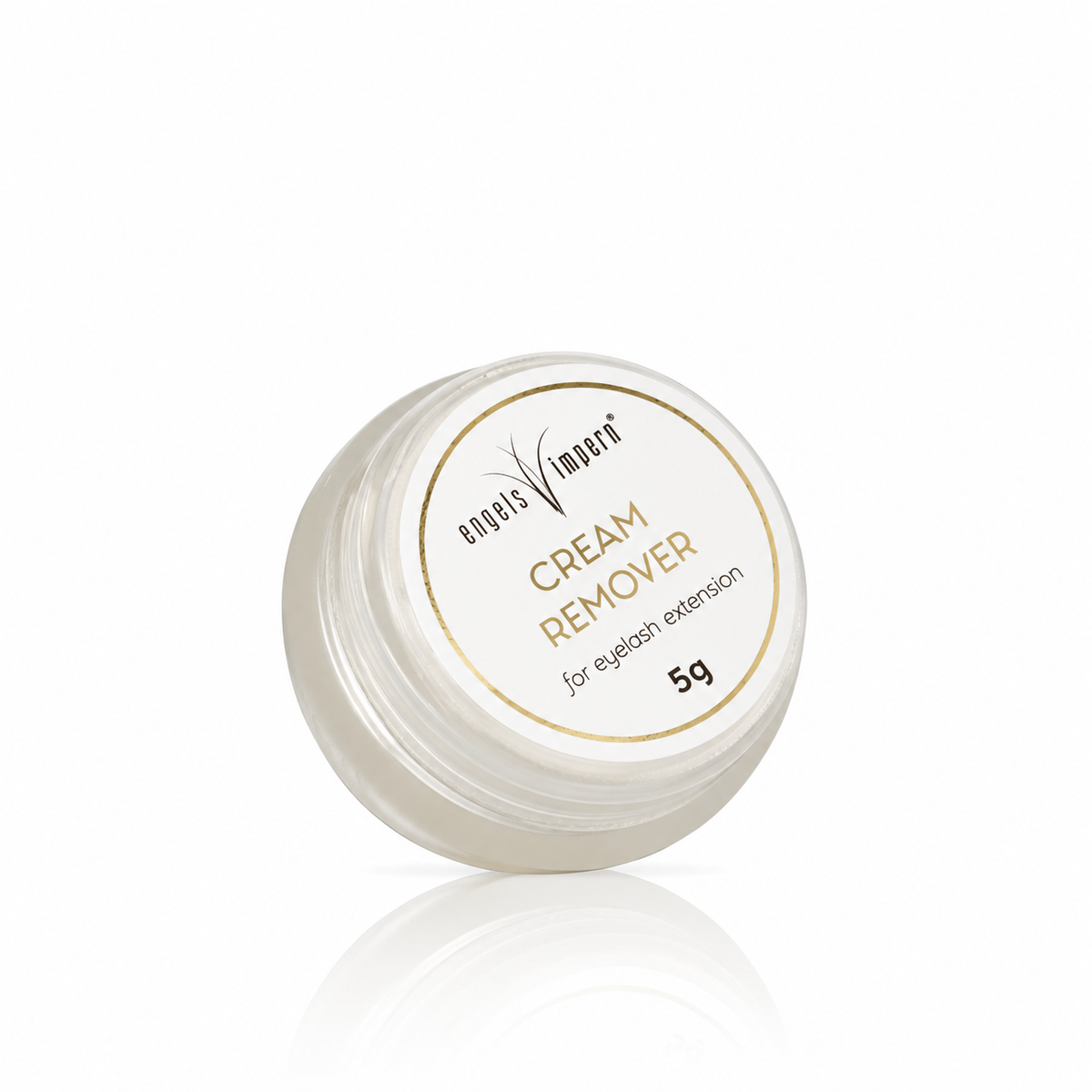 EngelsWimpern Cream Remover, 5 g, im geschlossenen Tiegel mit weiß-goldenem Etikett vor weißem Hintergrund mit dezenter Spiegelung.