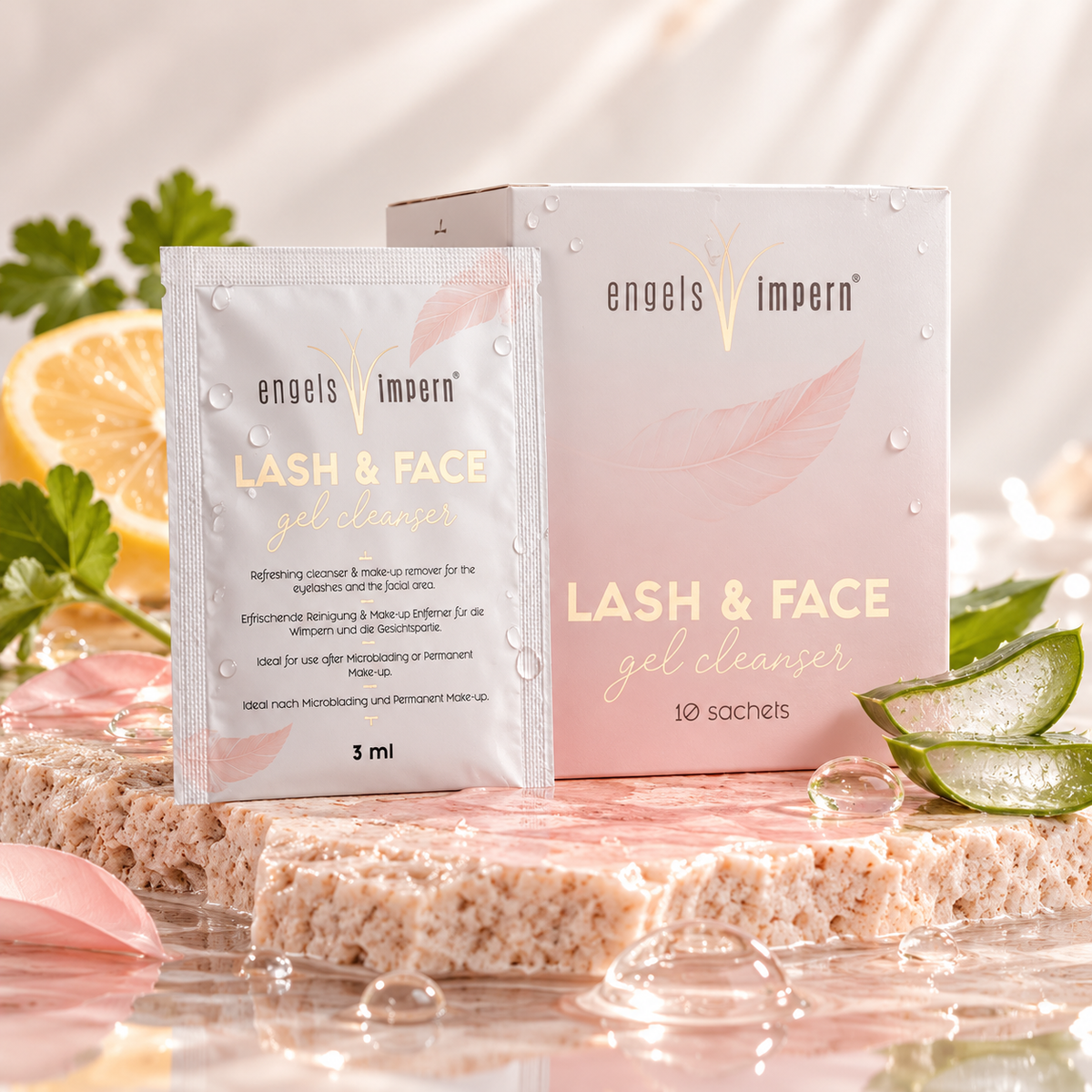 Lash & Face Gel Cleanser von EngelsWimpern als Sachet mit Verpackungsbox auf hellem Naturstein, umgeben von Aloe-vera-Stücken, Zitrusfrüchten und Blütenblättern.