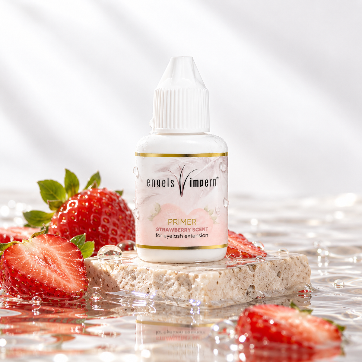 EngelsWimpern Wimpern-Primer mit Erdbeerduft, 15 ml, auf einem hellen Steinpodest, umgeben von ganzen und aufgeschnittenen Erdbeeren sowie Wassertropfen.