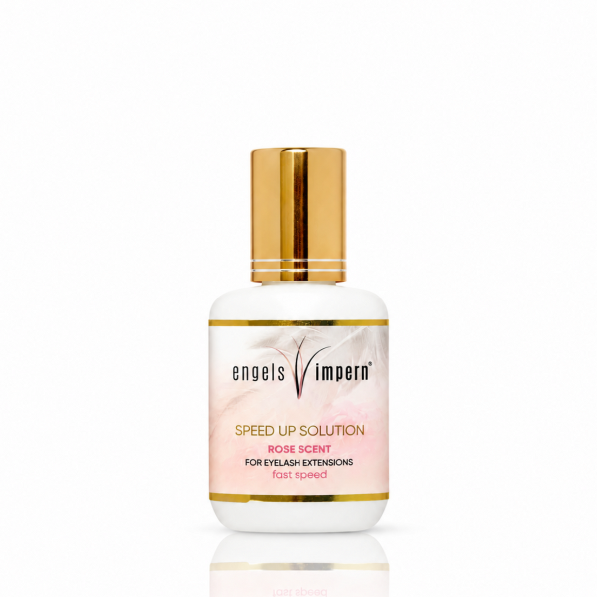 EngelsWimpern Speed Up Solution mit Rosenduft, 15 ml, in weißer Flasche mit goldener Kappe und rosafarbenem Etikett vor weißem Hintergrund.