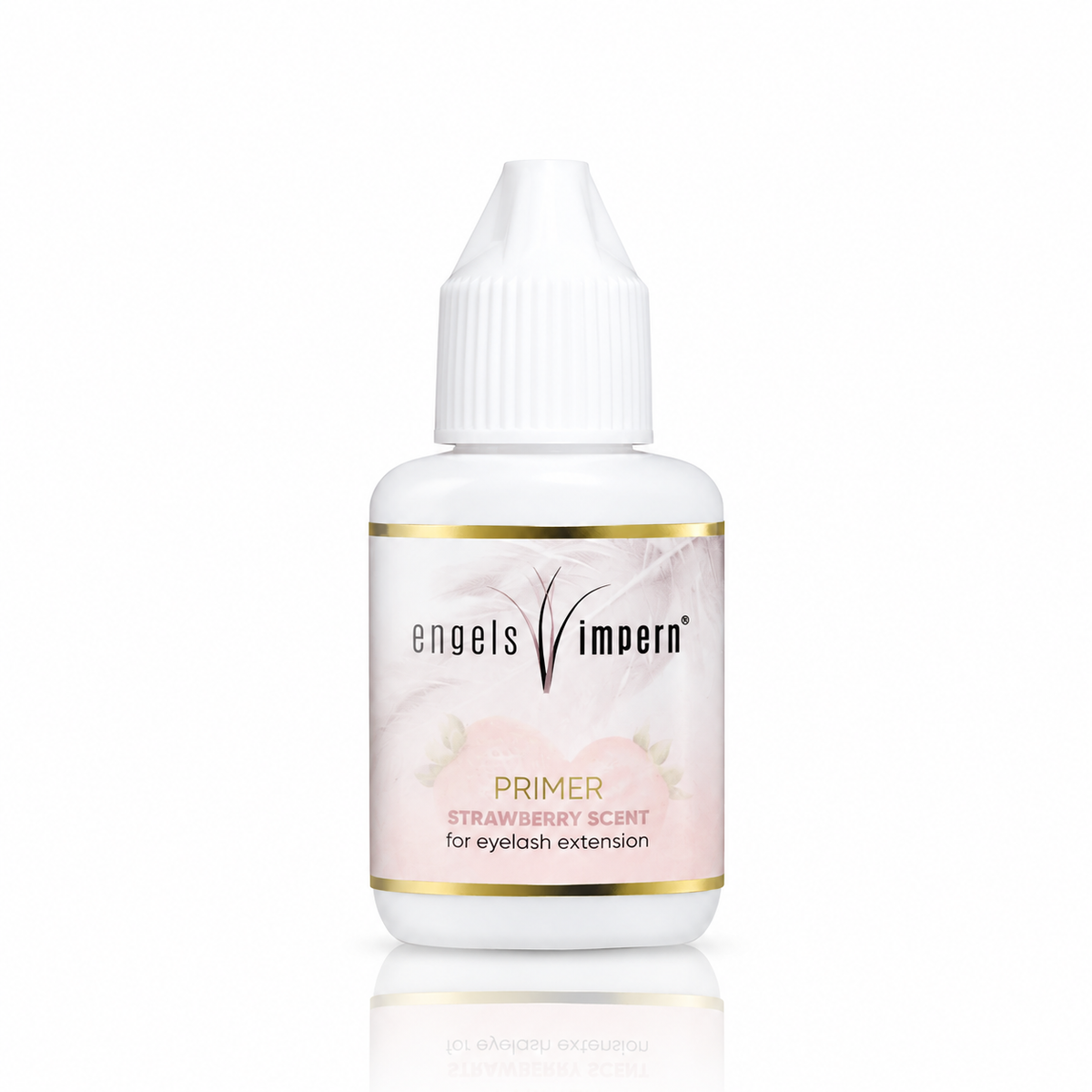 EngelsWimpern Wimpern-Primer mit Erdbeerduft, 15 ml, in weißer Dosierflasche mit rosafarbenem Etikett und goldenen Akzenten vor weißem Hintergrund.