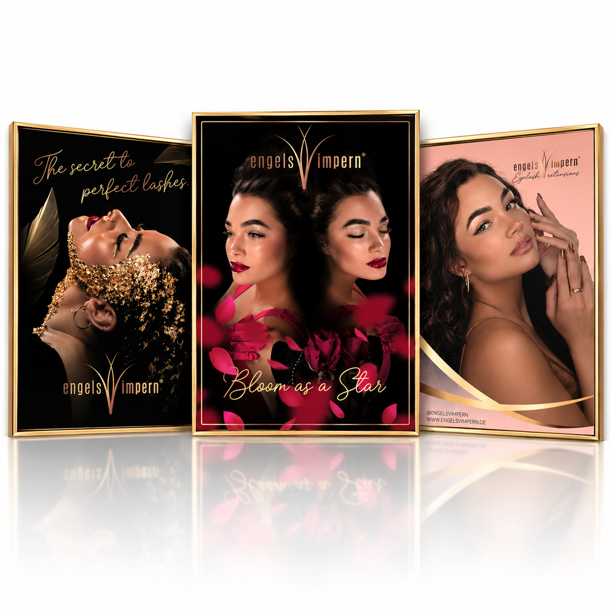 Drei digitale EngelsWimpern Studio-Plakate im goldenen Bilderrahmen – GIRL OF ROSES, COME WITH ME und GOLDEN WOMAN.