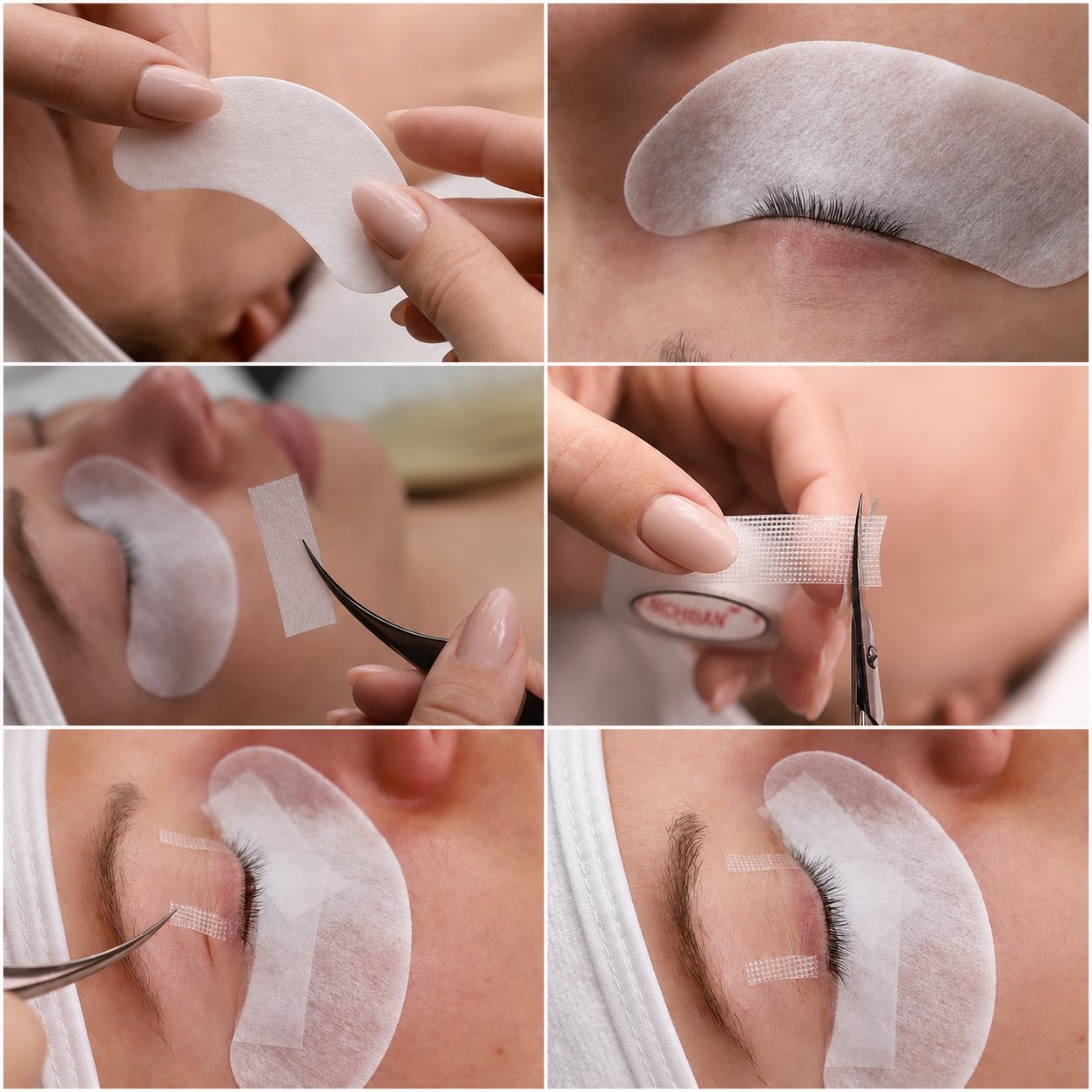 Anwendung von Hydrogel Augenpads und Tape-Techniken bei professioneller Wimpernverlängerung