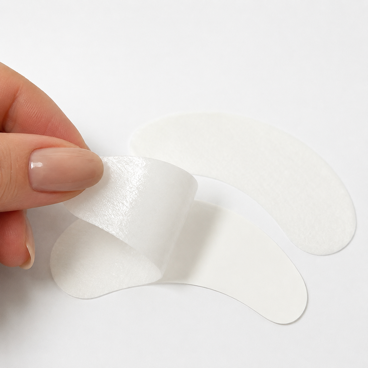 Nahaufnahme von weißen Hydrogel Augenpads für professionelle Wimpernverlängerung