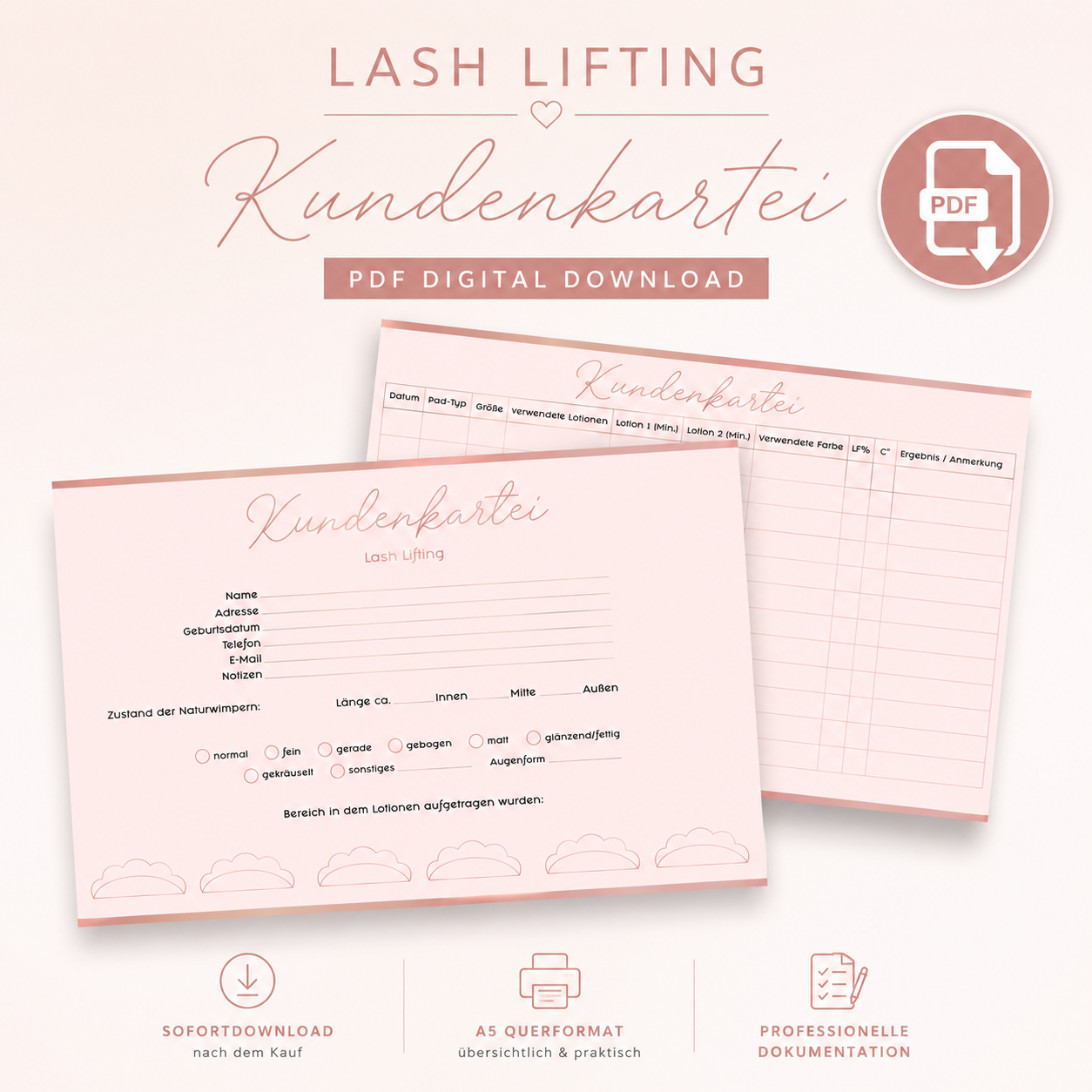 Lash Lifting Kundenkartei als PDF Digital Download im A5 Querformat für professionelle Studio-Dokumentation und Behandlungserfassung.