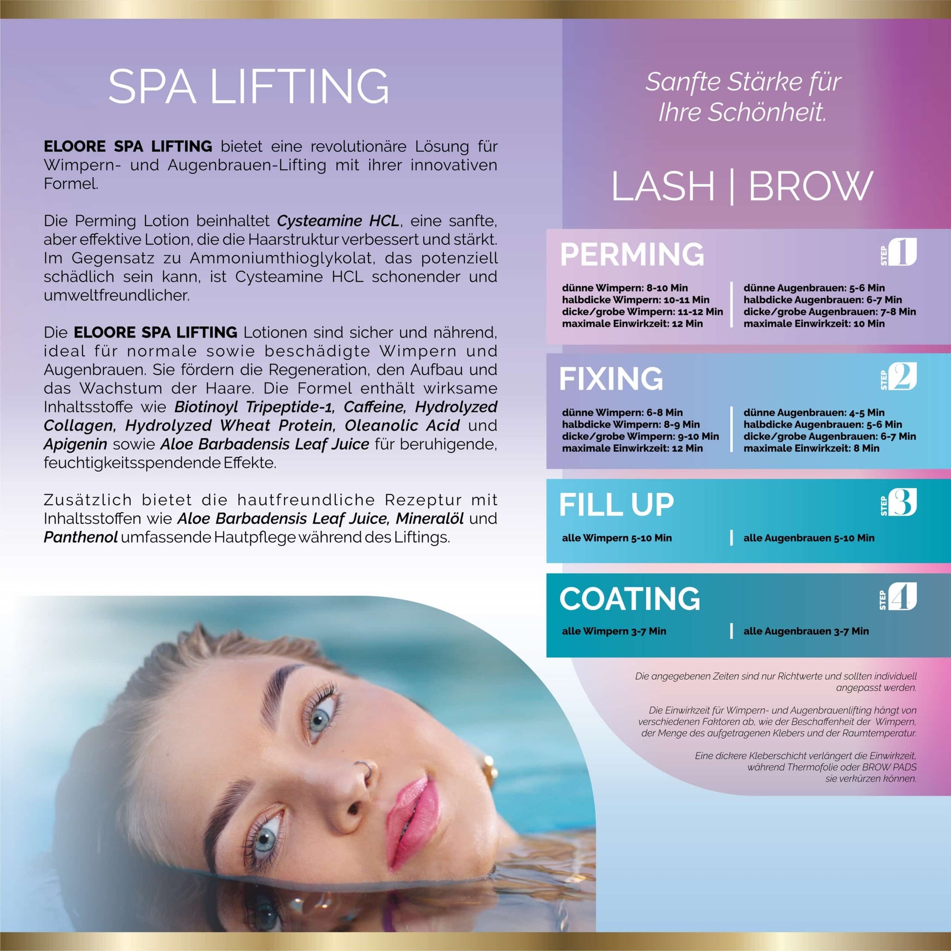 Frau mit wunderschönen, geschwungenen Wimpern und Augenbrauen dank ELOORE Cysteamine Lifting.