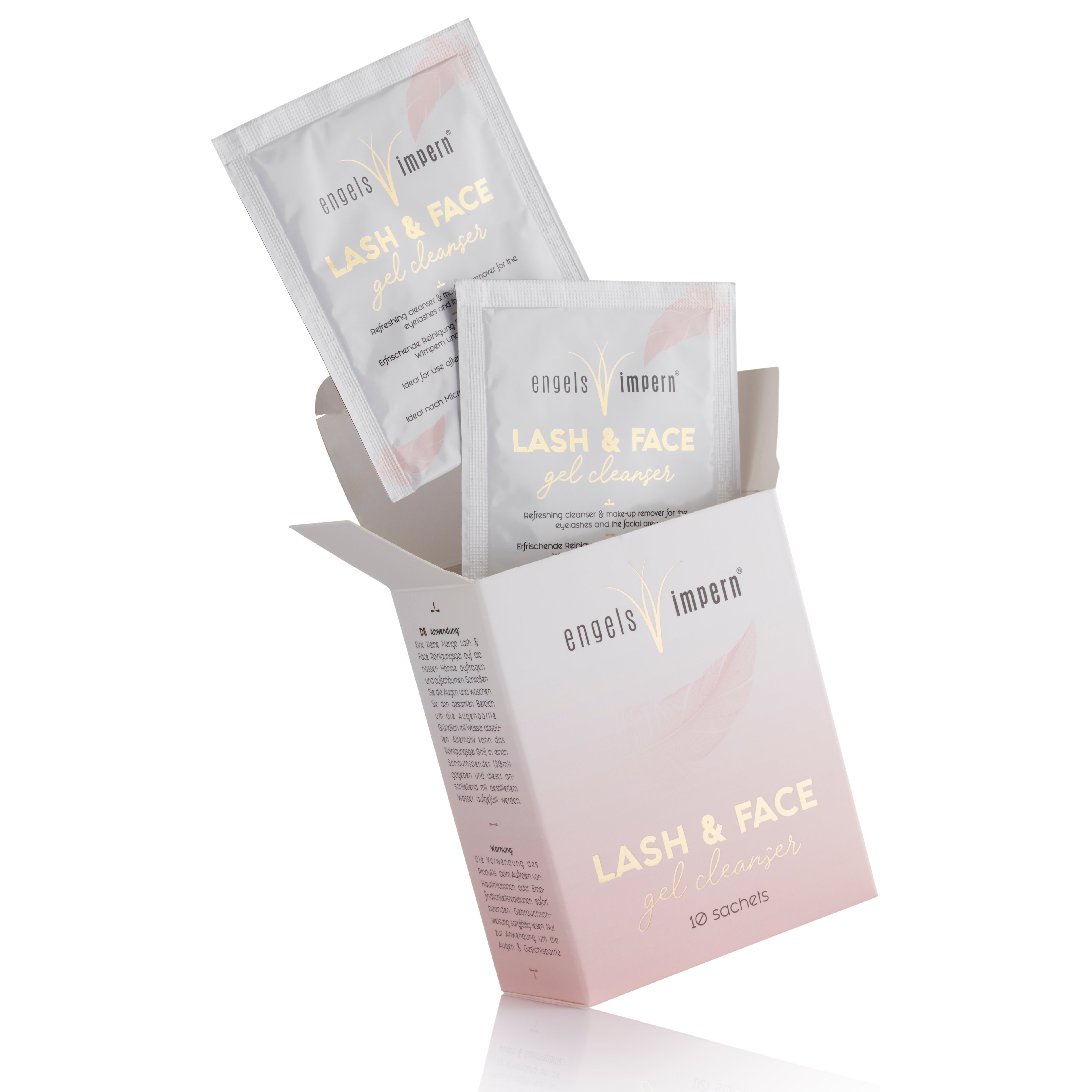 Offene Box mit Wimpernshampoo Sachets 3 ml von EngelsWimpern®, Lash & Face Cleanser für Wimpernextensions und Augenreinigung