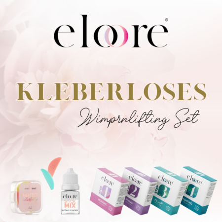 eloore Kleberloses Wimpernlifting Set, enthält Perfect colorfully Pads, eloore Stick Mix Lifting-Pulver, und vier Schritte Produkte: Perming, Fixing, Fill Up, Coating.