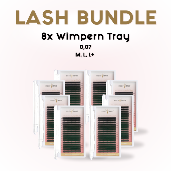 Lash Bundle mit 8 Wimperntrays in den Schwüngen M, L, L+ und Stärke 0,07, ideal für Foxy-, Eyeliner- und Cat-Styling-Effekte.