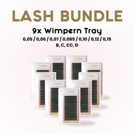 Lash Bundle mit 9 Wimperntrays in den Stärken 0,05 bis 0,15 und Biegungen B, C, CC, D – ideal für vielseitige Wimpernstylings.