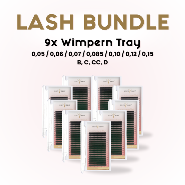 Lash Bundle mit 9 Wimperntrays in den Stärken 0,05 bis 0,15 und Biegungen B, C, CC, D – ideal für vielseitige Wimpernstylings.