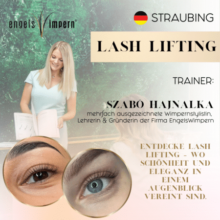 Hajnalka Szabo präsentiert Schulungsunterlagen und demonstriert Lash Lifting Techniken im Engelswimpern Studio in Straubing.