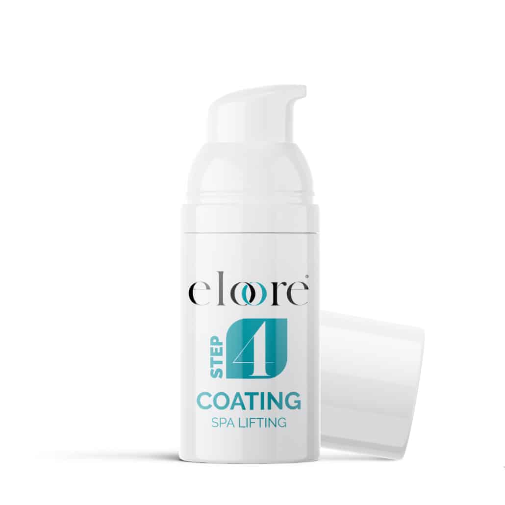 10ml eloore® COATING Gel Airless-Spender mit grünblauem Etikett für das Cysteamine System zur Wimpern- und Augenbrauen-Laminierung, Schritt 4.