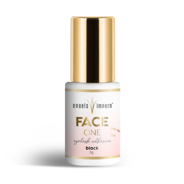 FACE ONE Wimpernkleber von EngelsWimpern in einer eleganten Flasche mit goldener Kappe.